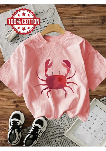 Yengeç Baskılı Kadın Pamuk T-Shirt