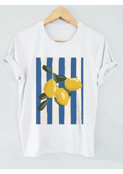 Limon Mavi Çubuk Baskılı Kadın T-Shirt