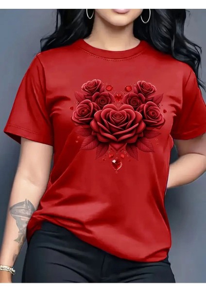 Gül Renk Uyumlu Baskılı Kadın Pamuk T-Shirt
