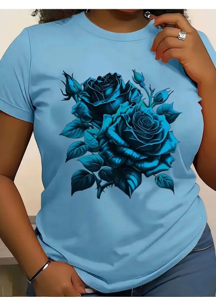 Gül Ana Renk Uyumlu Baskılı Kadın Pamuk T-Shirt