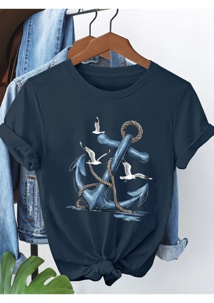 Çapa & Martı Özel Tasarım Baskılı Kadın T-Shirt