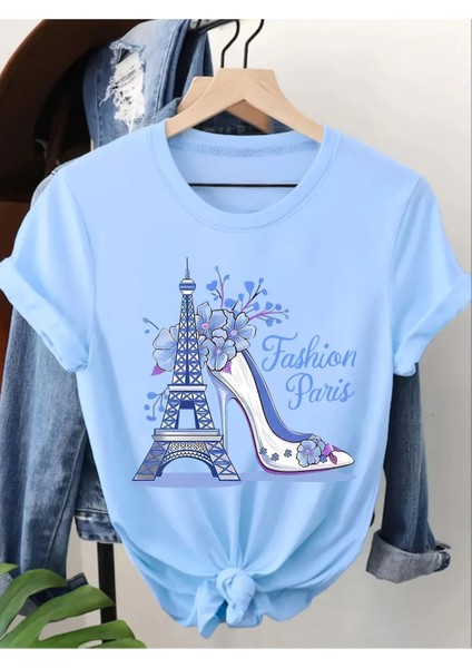 Fashion Paris Baskılı Beyaz Kadın Pamuk T-Shirt