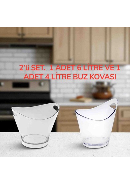 2'li Buz Kovası. 1 Adet Çift Kulplu 6 Litrelik ve 1 Adet Tek Kulplu 4 Litrelik.
