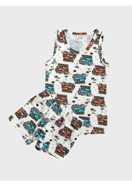 Erkek Çocuk Pamuklu Beyaz Araba Desenli Atlet Boxer Takımı