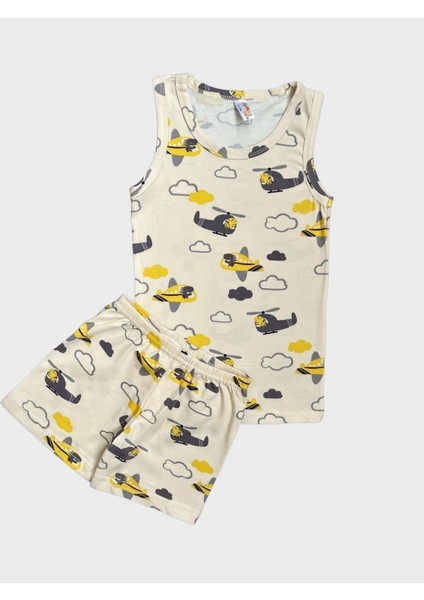 Erkek Çocuk Pamuklu Helikopter Bulut Desenli Atlet Boxer Takımı