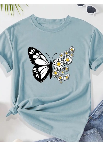 Kelebek & Papatya Baskılı Kadın Pamuk T-Shirt