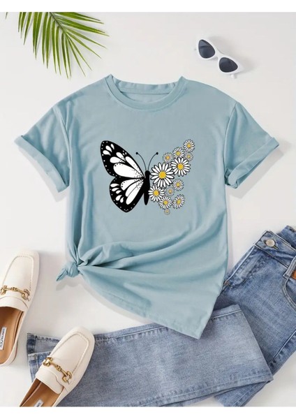 Kelebek & Papatya Baskılı Kadın Pamuk T-Shirt fiyatları