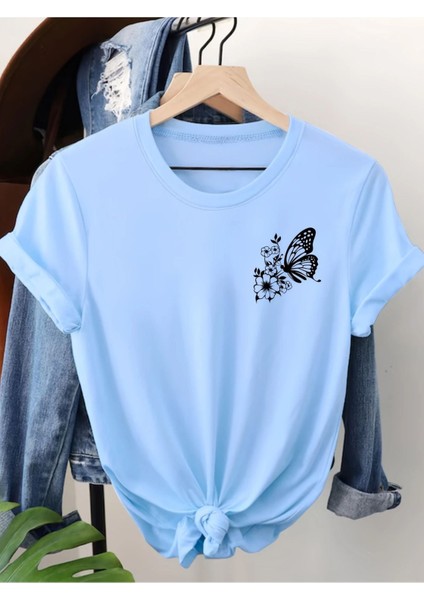 Minimal Kelebek Çiçek Baskılı Kadın Bebe Mavisi Pamuk T-Shirt