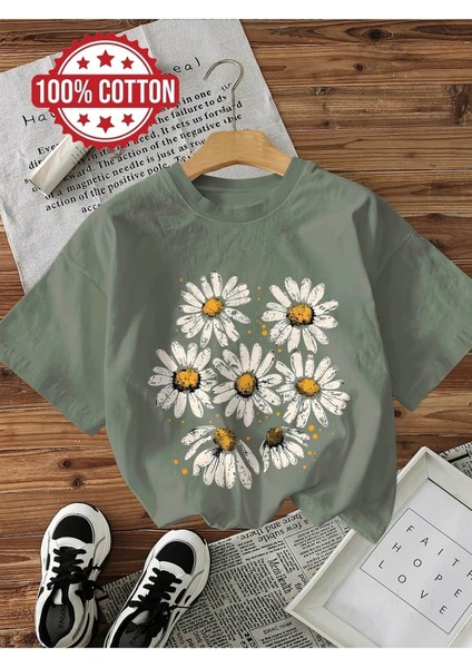 Haki Papatya Baskılı Kadın T-Shirt