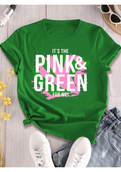 Pink Green Baskılı Kadın Yeşil T-Shirt