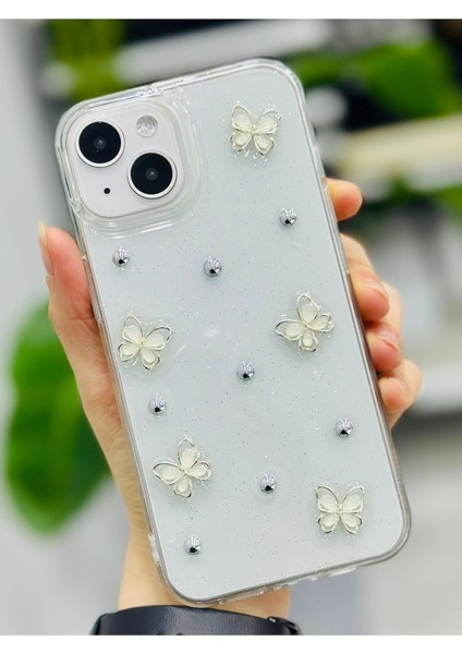 Aksesuar Iphone 13-14 ve 15 ile Uyumlu Inci Kelebek Oyuncak Tasarımlı Esnek Silikon Kılıfı