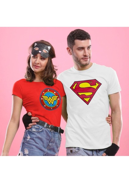 Wonder Women & Superman Baskılı Sevgili Çift Kombini Kadın Erkek Unisex Tshirt 2'li Takım