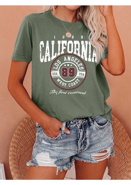 California Baskılı Kadın Haki T-Shirt
