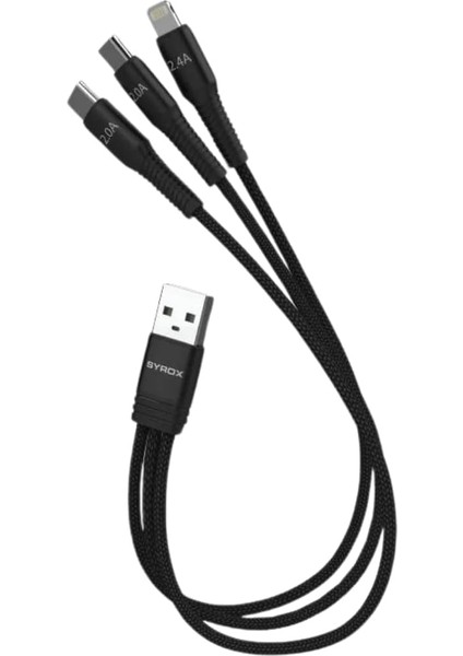 C144 2.4A Çoklu Şarj Kablosu USB To 2x Type-C & 1x Lightning