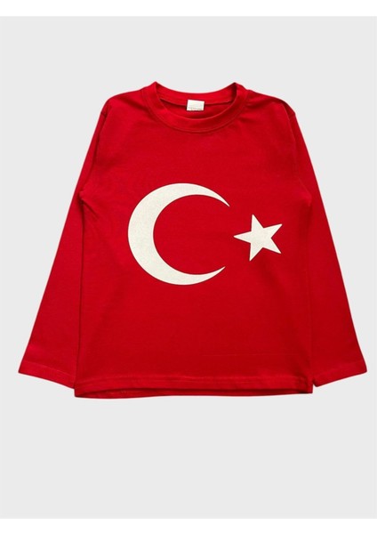 Çocuk Pamuklu Kırmızı Ay Yıldız Desenli Uzun Kollu Bisiklet Yaka Tshirt