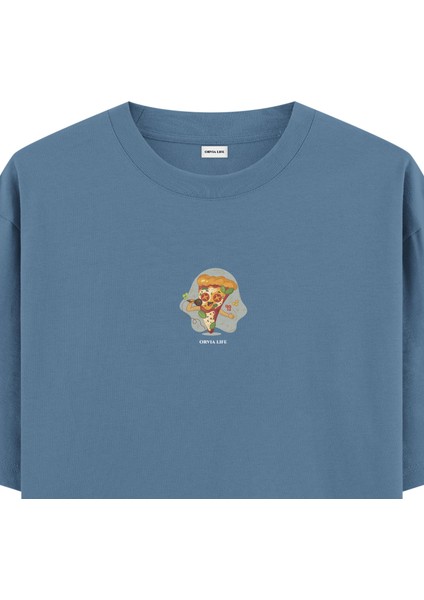 Karaoke Pizza - Oversize T-Shirt Antrasit Mavi fiyatları