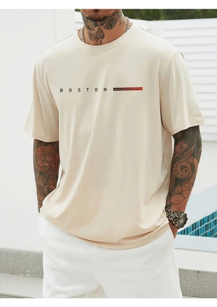 Boston Baskılı Erkek Pamuk Regular T-Shirt