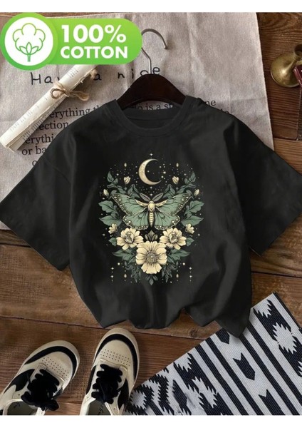 Hilal & Kelebek Tasarım Baskılı Kadın Pamuk T-Shirt