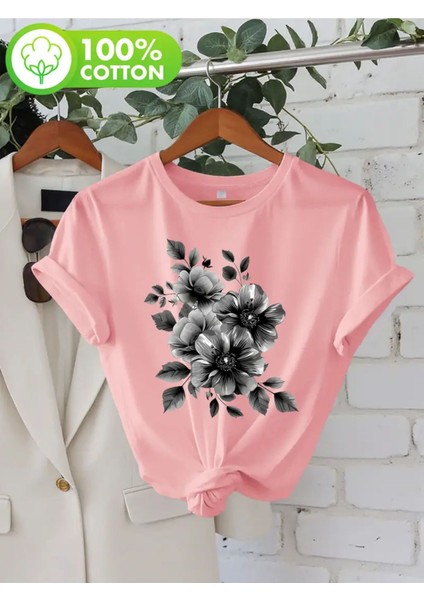 Gri Çiçek Tasarım Baskılı Kadın Pamuk T-Shirt