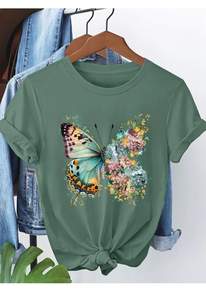 Renkli Kelebek & Çiçek Baskılı Kadın Pamuk T-Shirt