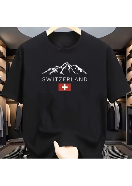 Isviçre Alpleri Baskılı Pamuk T-Shirt