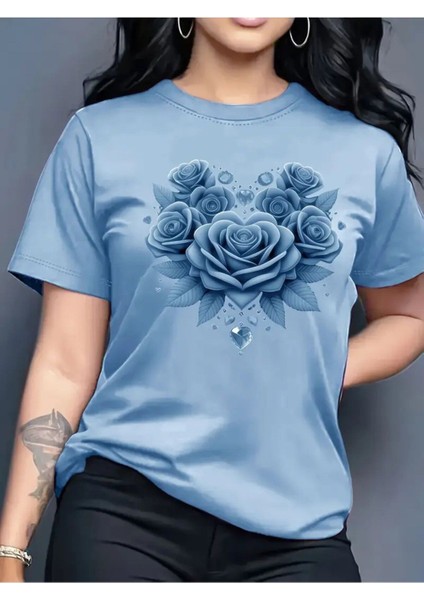 Gül Renk Uyumlu Baskılı Kadın Pamuk T-Shirt
