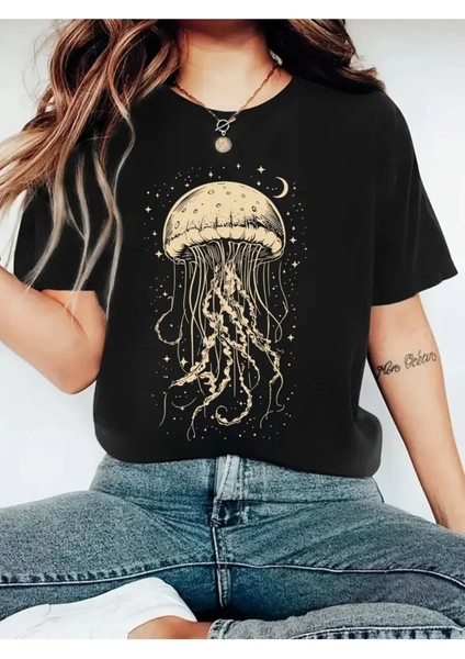 Denizanası & Yıldız Baskılı Kadın Pamuk T-Shirt