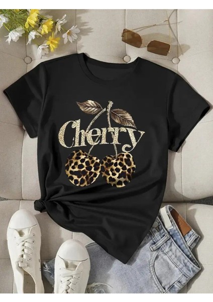 Cherry Leopar Desen Baskılı Kadın Haki Yeşili T-Shirt