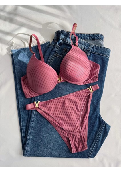 Kadın Mor Gül Kurusu Taşlı Çizgili V Model Destekli Balenli Sütyen Takım Ikili Kutulu Paket fırsatları