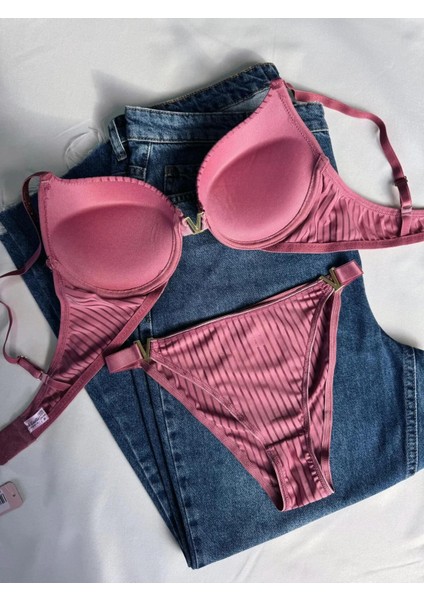 Kadın Mor Gül Kurusu Taşlı Çizgili V Model Destekli Balenli Sütyen Takım Ikili Kutulu Paket indirimleri