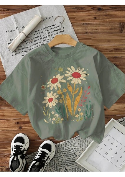 Retro Çiçek Tasarım Baskılı Kadın Pamuk T-Shirt