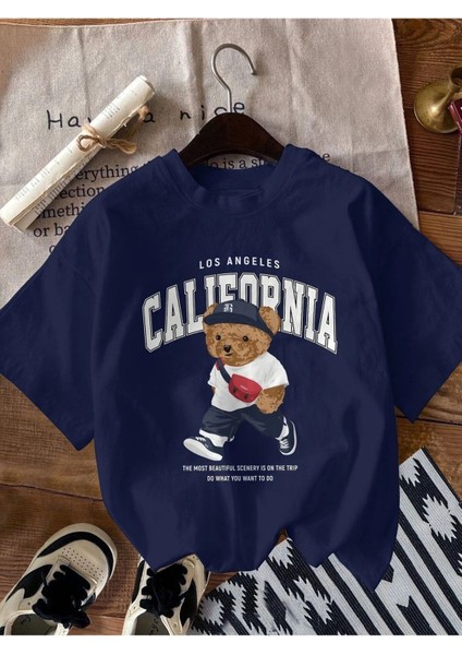 California Ayıcık Baskılı Kadın Lacivert T-Shirt