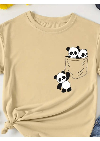 Panda Cep Tasarım Baskılı Kadın T-Shirt