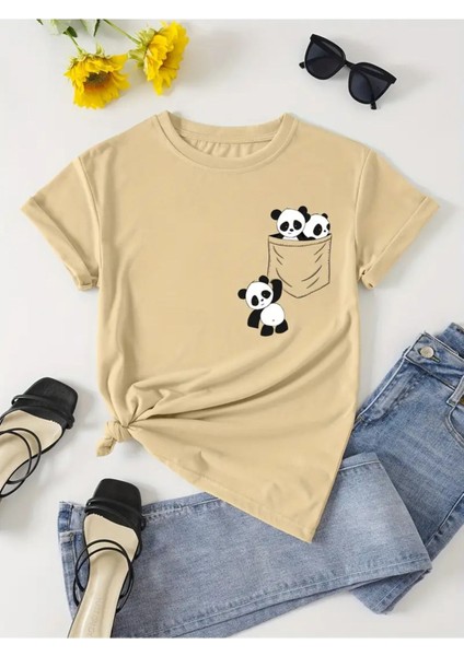Panda Cep Tasarım Baskılı Kadın T-Shirt fiyatları