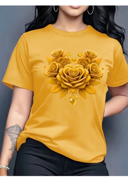 Gül Renk Uyumlu Baskılı Kadın Pamuk T-Shirt