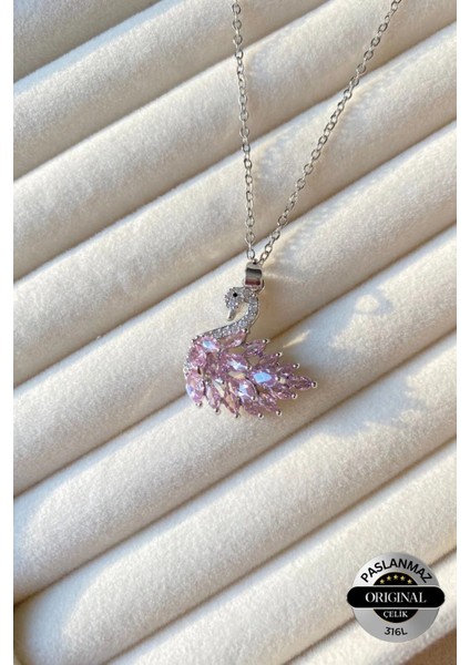 316L Pembe Zirkon Taşlı Kuğu Çelik Kolye