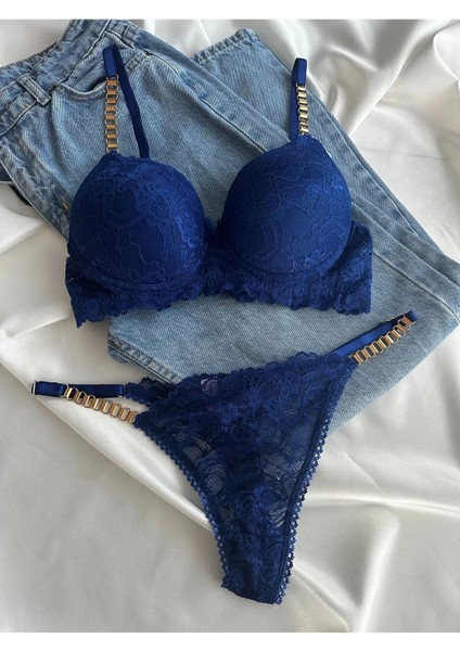 Kadın Mavi Dantelli Zincir Detaylı Balenli Destekli Dolgulu Sütyen Takımı Iç Çamaşırı Takımı