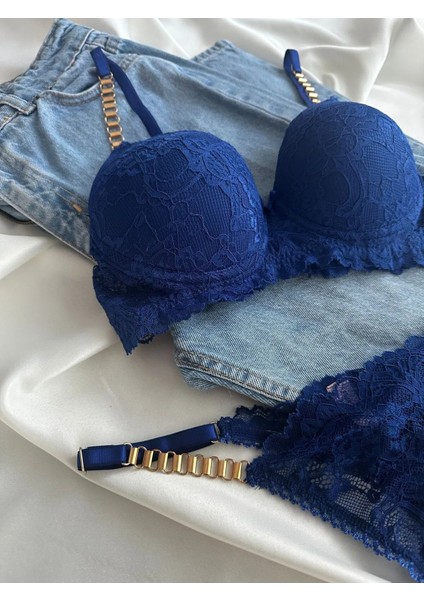 Kadın Mavi Dantelli Zincir Detaylı Balenli Destekli Dolgulu Sütyen Takımı Iç Çamaşırı Takımı fiyatları