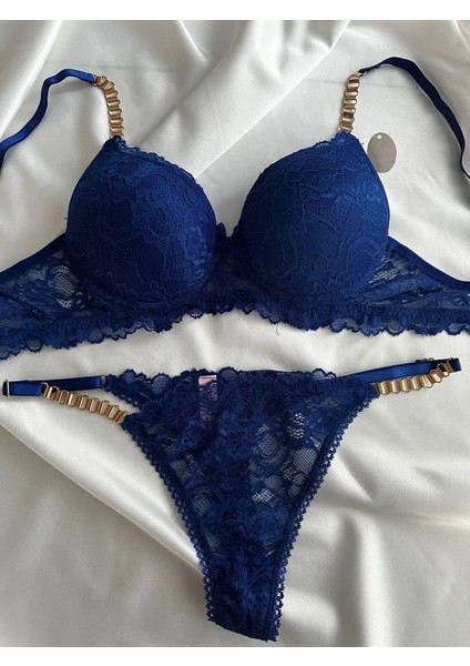 Kadın Mavi Dantelli Zincir Detaylı Balenli Destekli Dolgulu Sütyen Takımı Iç Çamaşırı Takımı modelleri