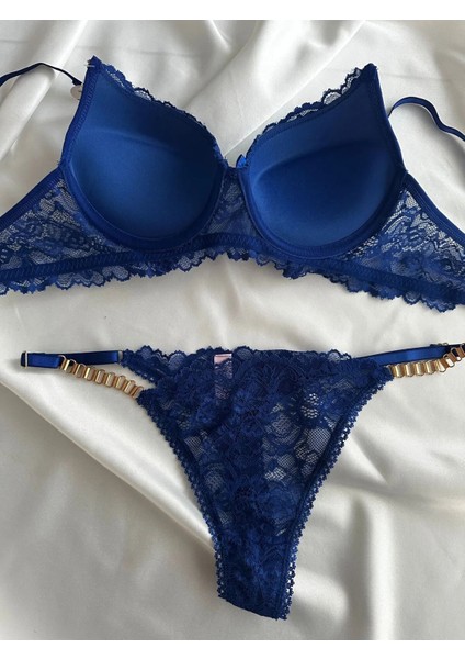 Kadın Mavi Dantelli Zincir Detaylı Balenli Destekli Dolgulu Sütyen Takımı Iç Çamaşırı Takımı fırsatları