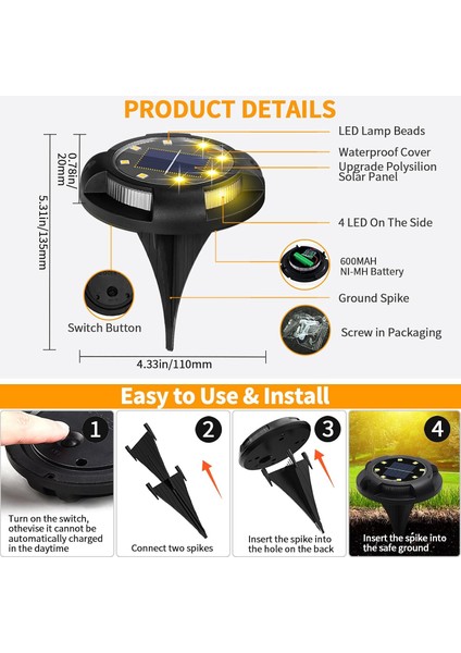 4'lü Solar Panelli Kazıklı Zemin Solar Ledi 8+4 LED Gün Işığı