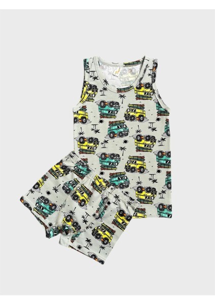 Erkek Çocuk Pamuklu Gri Araba Desenli Atlet Boxer Takımı