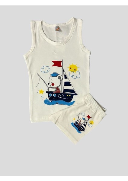 Erkek Çocuk Pamuklu Gemi Desenli Ekru Atlet Boxer Takımı modelleri