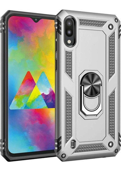 Samsung Galaxy M10 Için Kılıf Military Ring Holder Gümüş [galaxy M10 ile Uyumlu Kılıf - Gümüş]