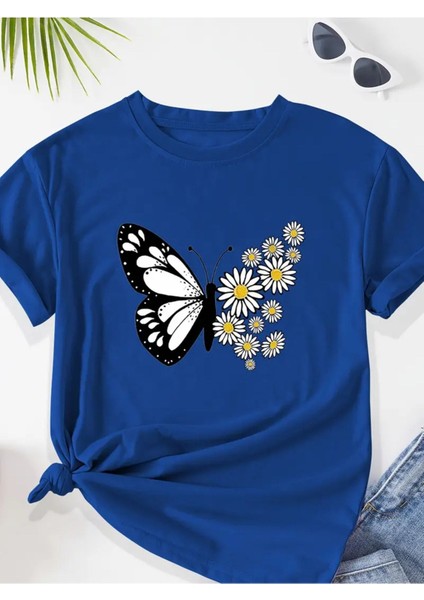 Kelebek & Papatya Baskılı Kadın Pamuk T-Shirt