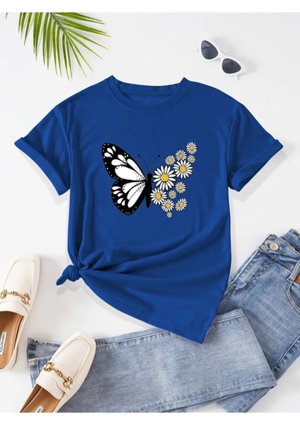 Kelebek & Papatya Baskılı Kadın Pamuk T-Shirt fiyatları