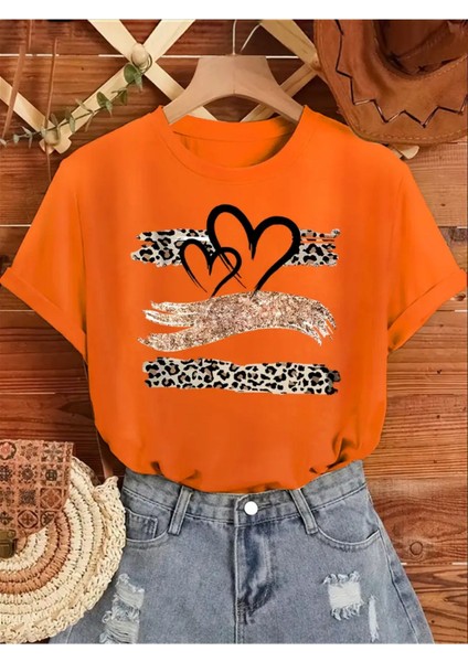 Leopar Desen Baskılı Kadın Pamuk T-Shirt