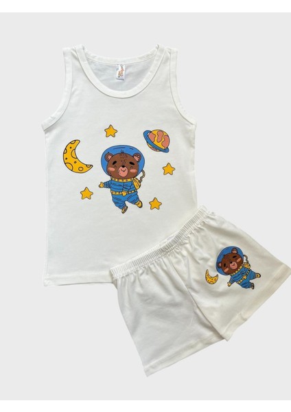 Erkek Çocuk Pamuklu Beyaz Astronot Desenli Atlet Boxer Takımı