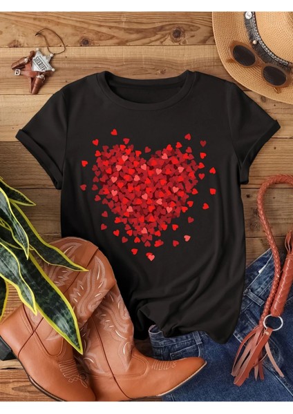 Serpiştirilmiş Minimal Kalp Tasarım Baskılı Kadın Pamuk T-Shirt