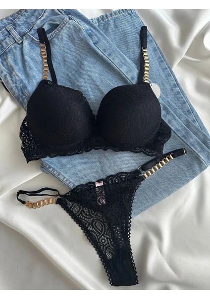 Kadın Siyah Dantelli Zincir Detaylı Balenli Destekli Dolgulu Sütyen Takımı Iç Çamaşırı Takımı